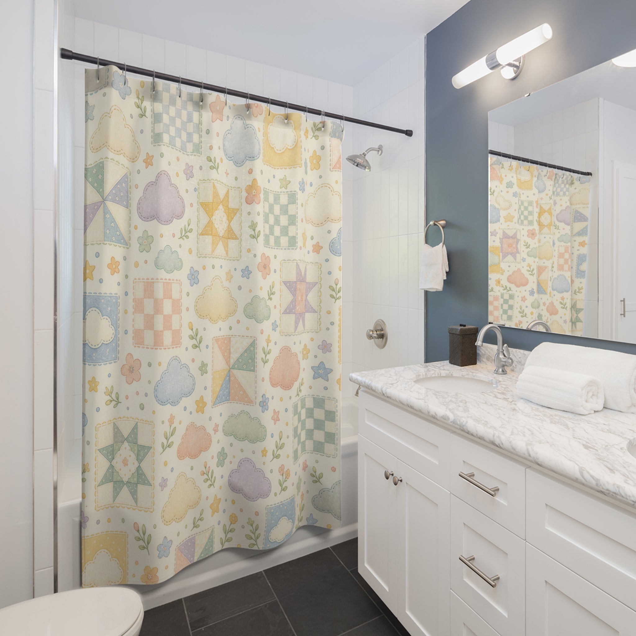 Cloud Shower Curtain, Cute Pastel Bath Decor, Patchwork Gingham Sky Pattern, Soft Geometric Guest Bathroom Decor, Soft Pastel Style