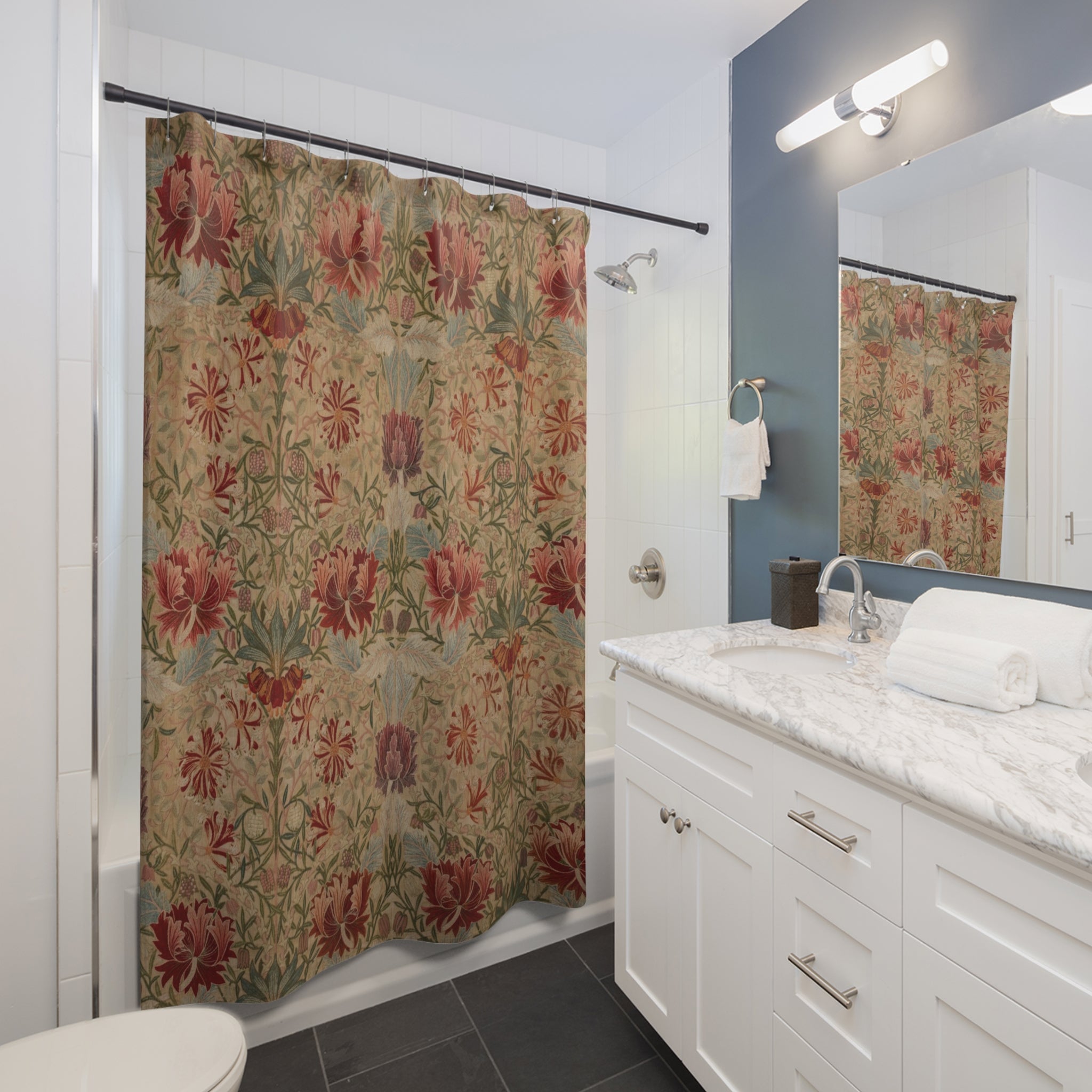 Honeysuckle Embroidery Shower Curtain – Red on Cream