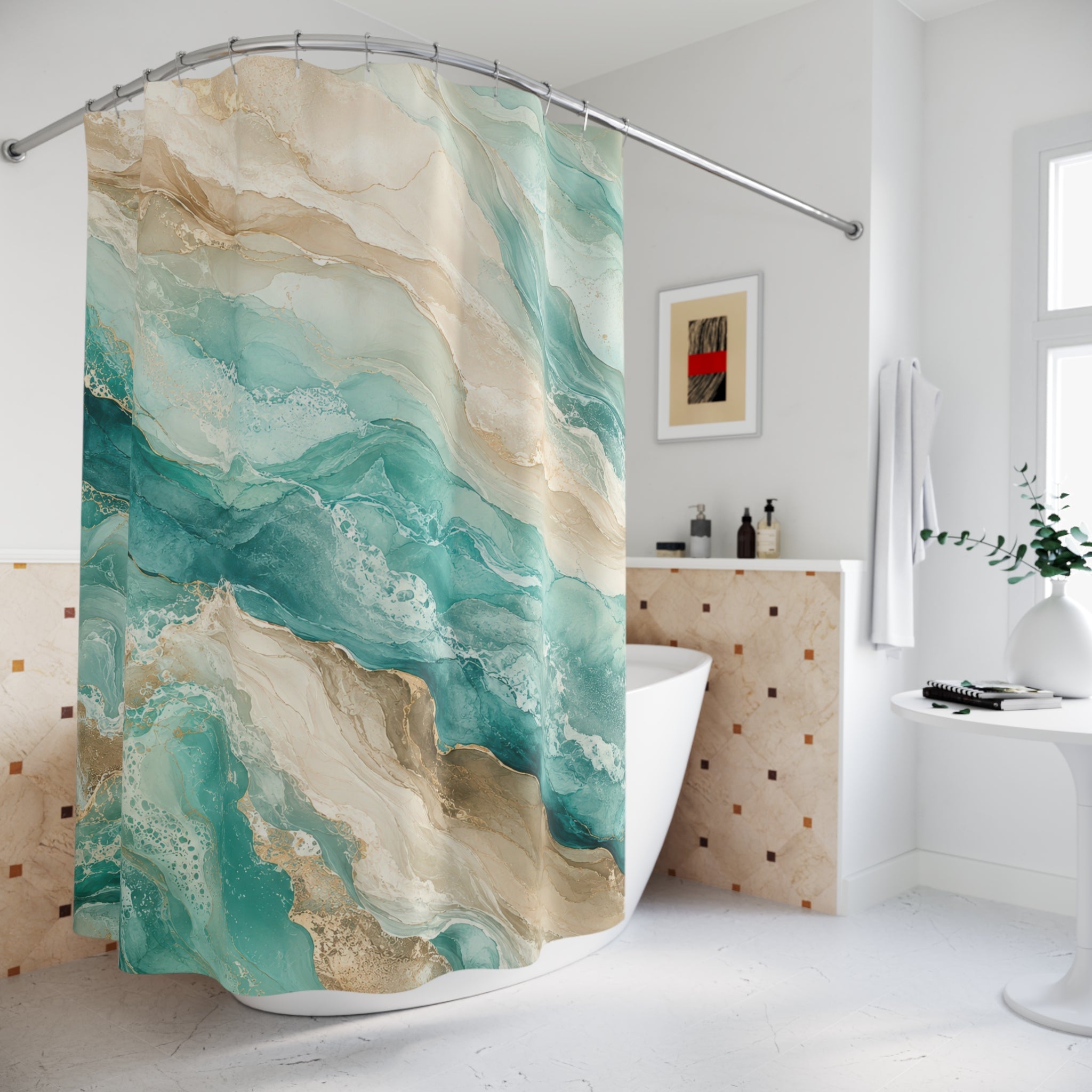 Aqua Beige Abstract Marble Shower Curtain
