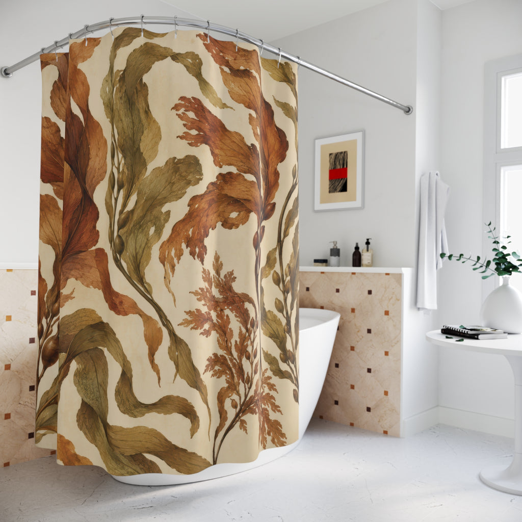 Copper-brown and olive kelp on sandy cream shower curtain beside a freestanding tub