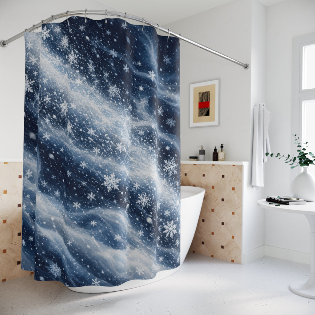 Navy swirling snowfall shower curtain beside a freestanding tub
