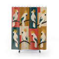 Cream cockatoos on coral, teal and ochre color blocks shower curtain with full front view