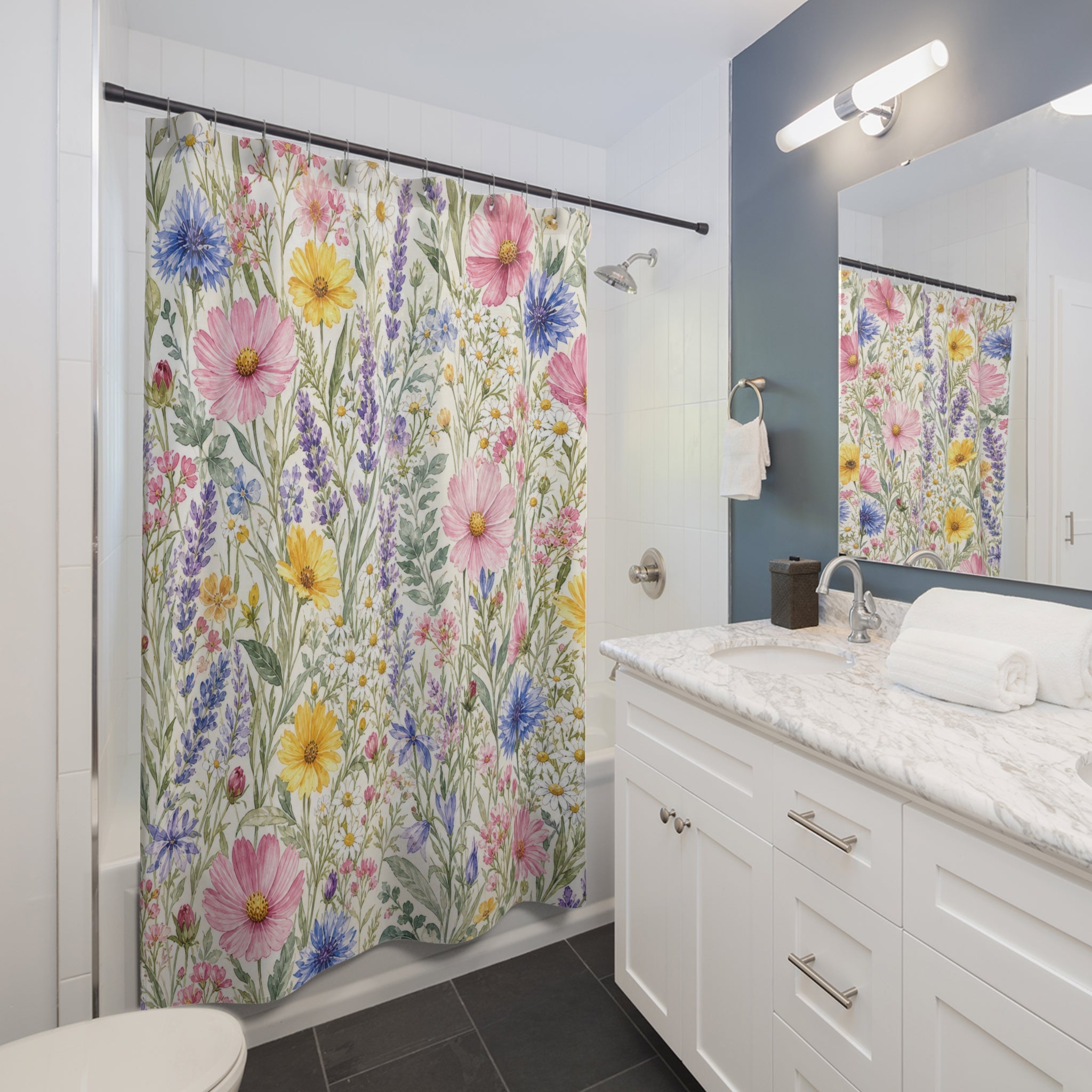 Pink Blue Cosmos Daisy Watercolor Shower Curtain