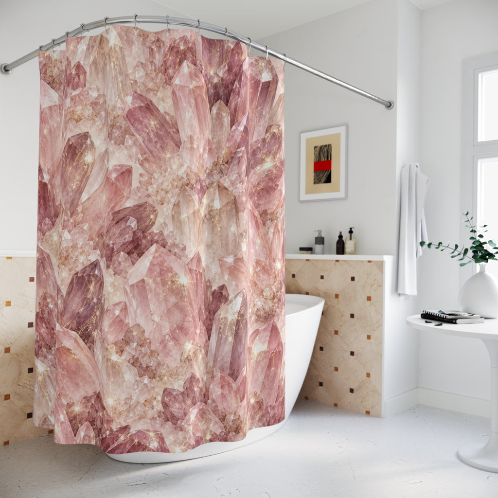 Pink and mauve quartz crystals with pale glints shower curtain beside a freestanding tub