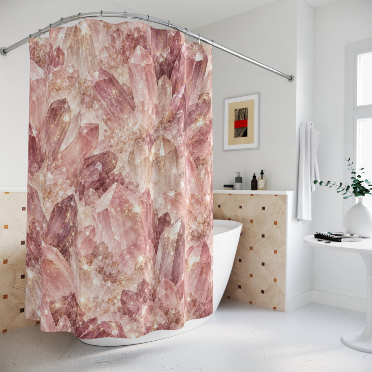 Pink and mauve quartz crystals with pale glints shower curtain beside a freestanding tub