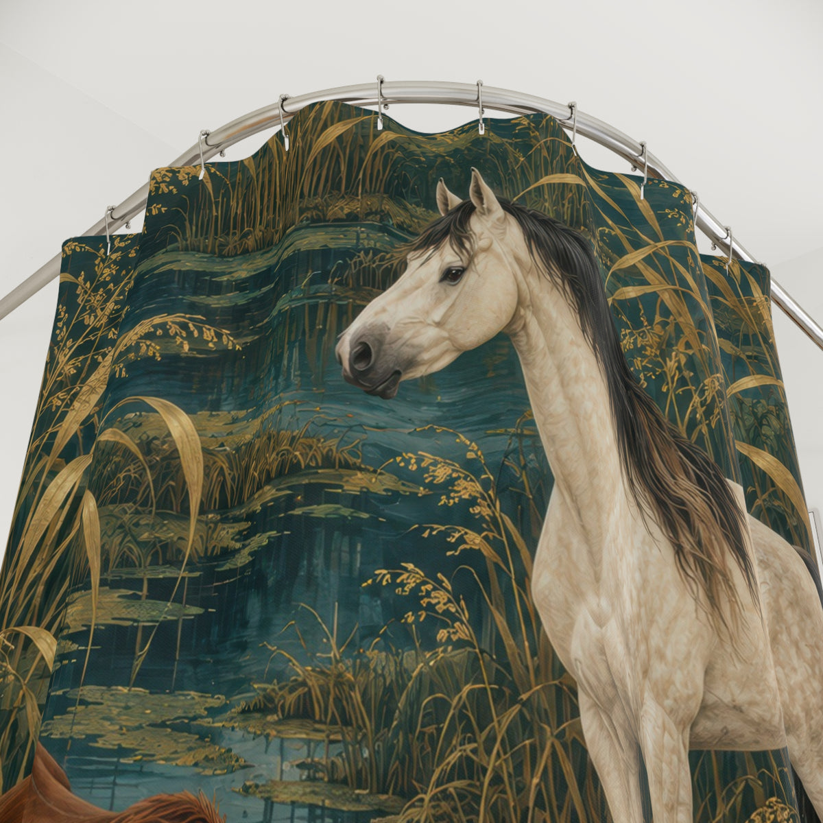 Cream and chestnut horses among golden reeds and teal water shower curtain with close-up print, hooks, and folds