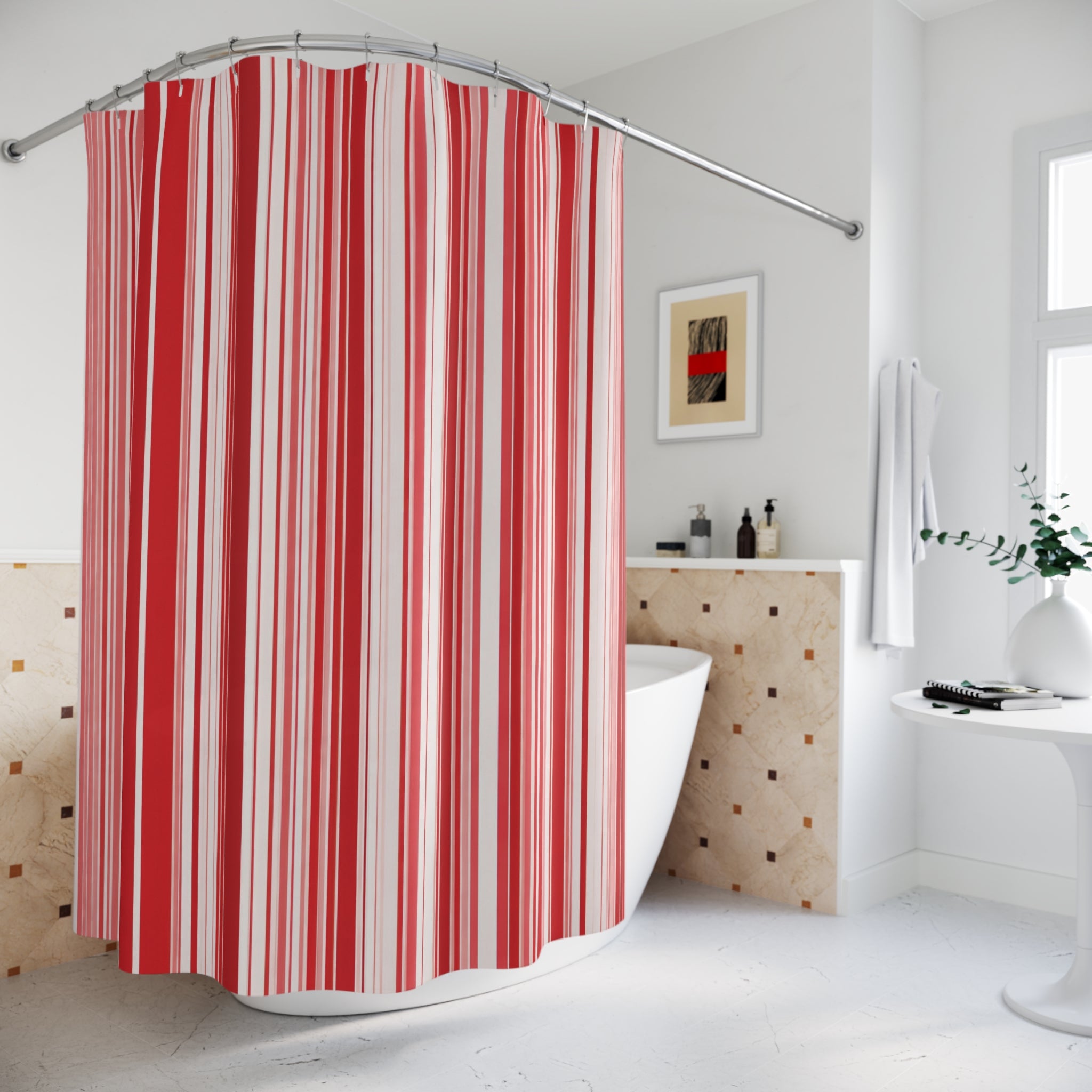 Red and White Striped Shower Curtain: Modern Vertical Stripe
