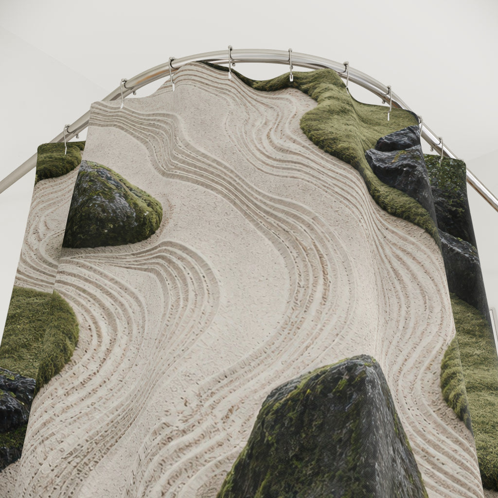 Sage and cream rake terraces curving around mossy stones shower curtain with close-up print, hooks, and folds