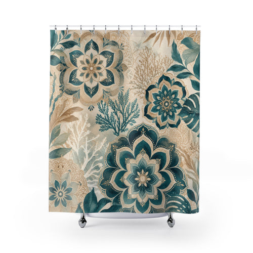 Beige and Teal Shower Curtain: Floral Botanical Pattern