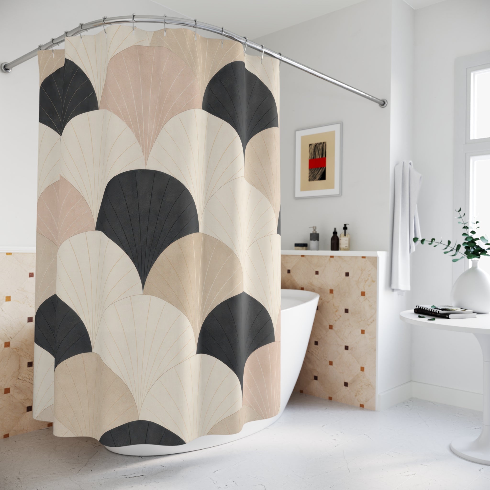 Black Beige Fan Scallop Shower Curtain