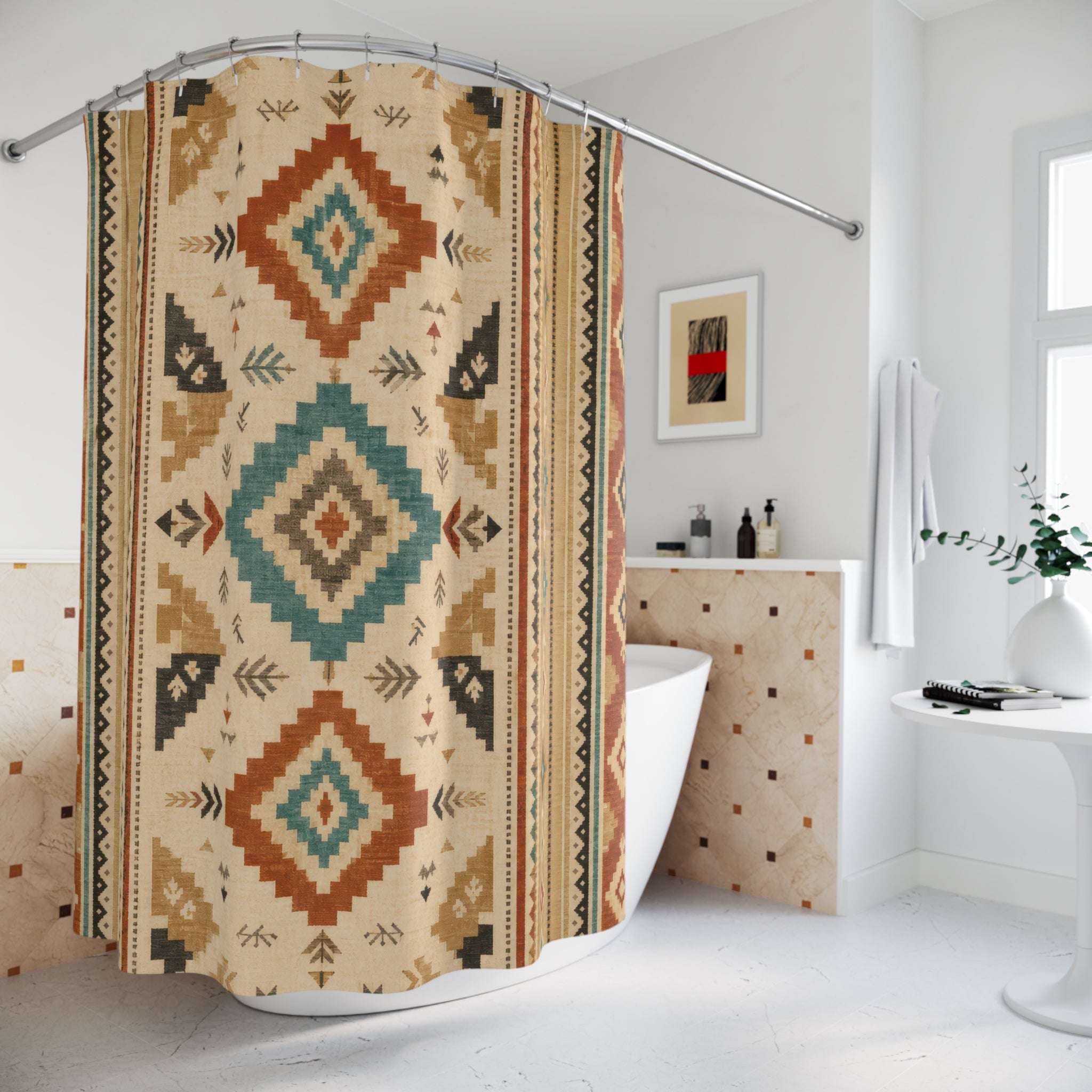 Southwest Shower Curtain, Rust Teal Geometric Diamond Pattern, Boho Desert Bathroom Decor, Boho Desert Wall Decor Guest Bath Wall Gift