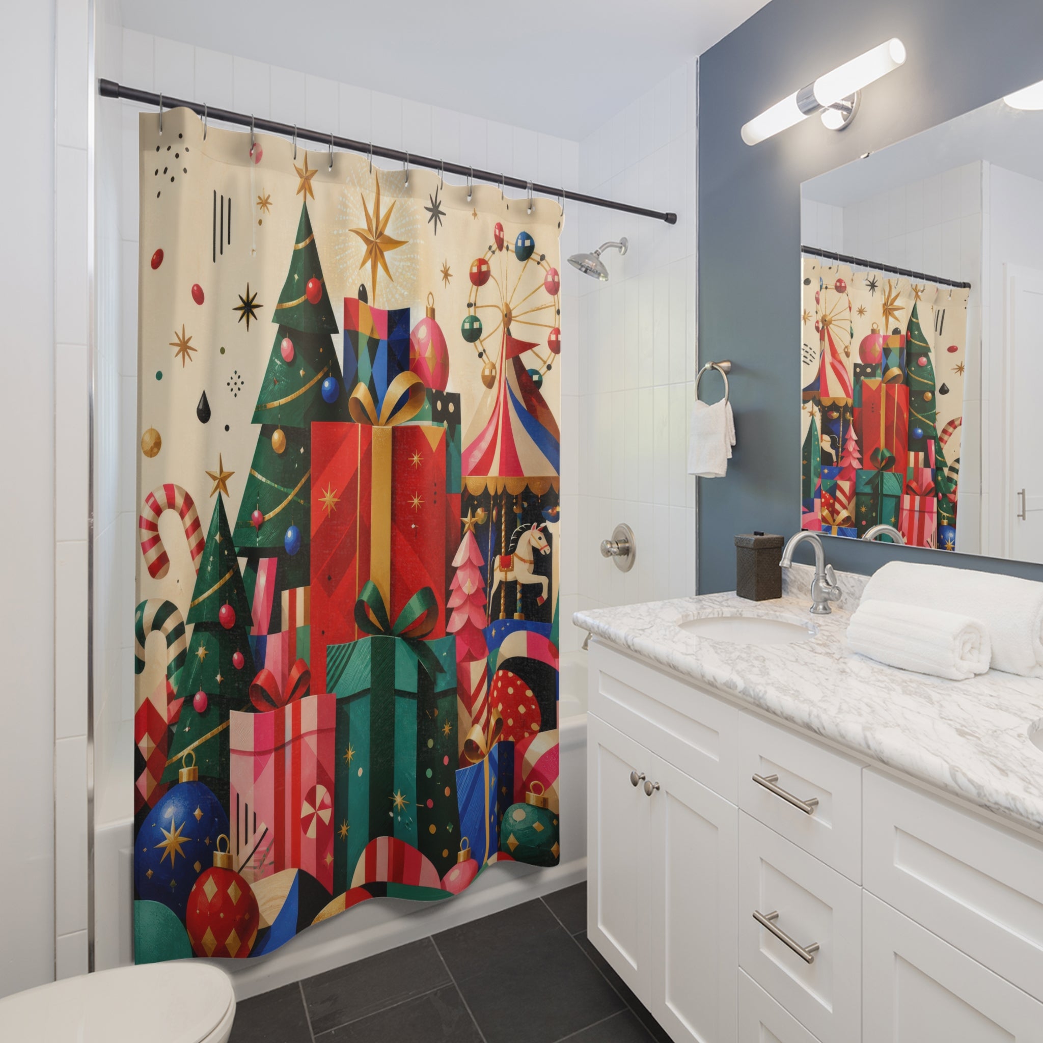 Geometric Christmas gifts with tree and carousel shower curtain beside a white vanity