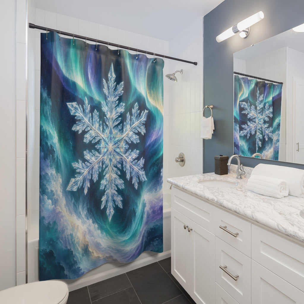 Aurora blue teal snowflake crystal shower curtain beside a white vanity