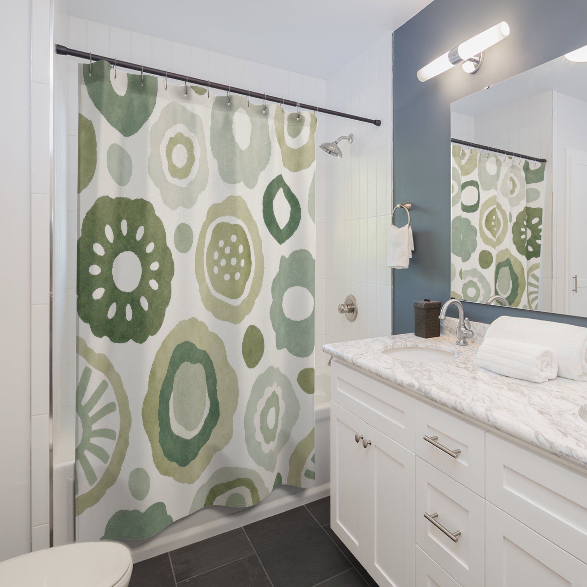 Green Floral Shower Curtain, White Retro Bath Decor, Circle Flower Pattern, Sage Botanical Guest Bathroom Decor, Fresh Garden Style Decor
