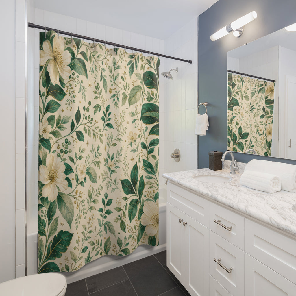 Emerald Botanical Green White Shower Curtain