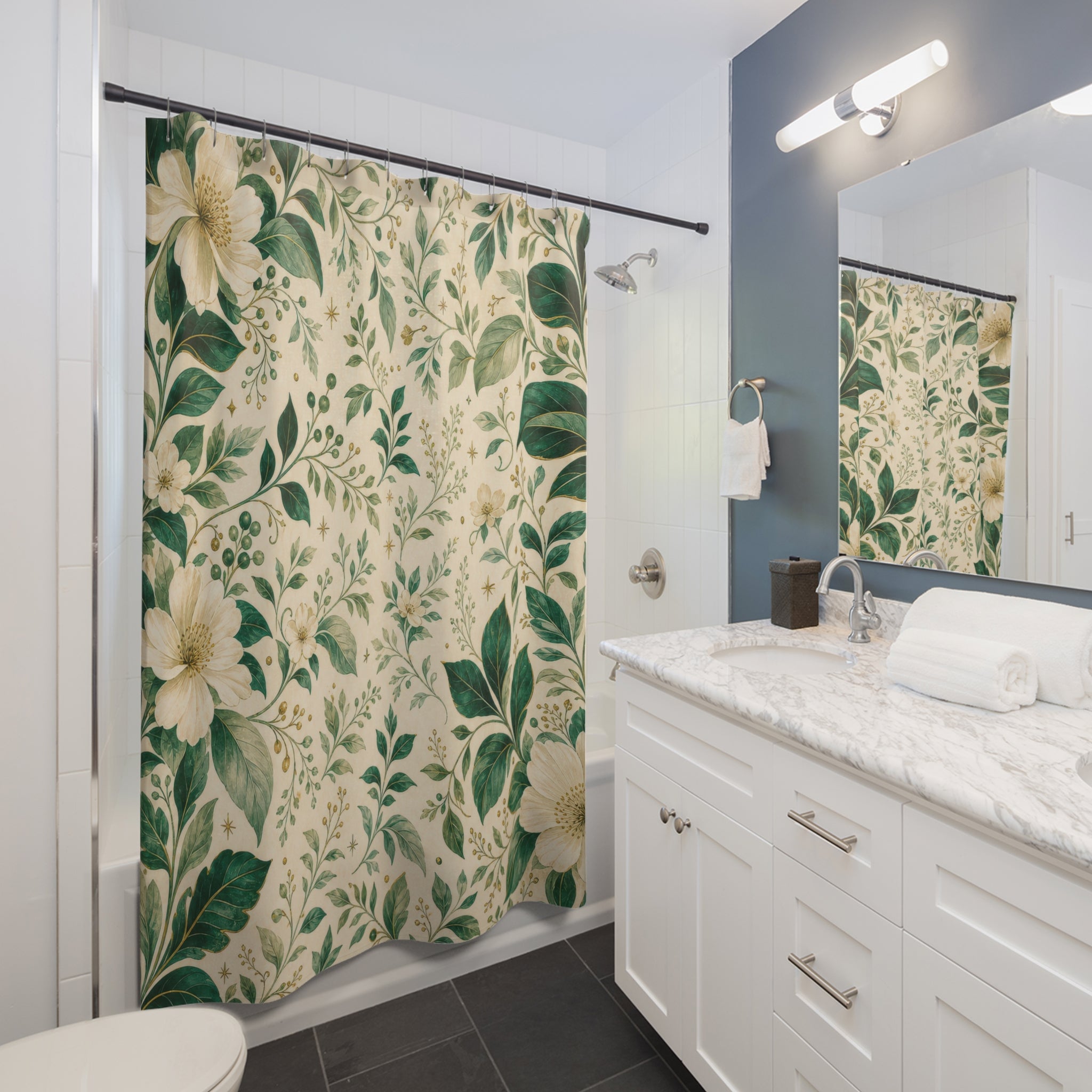 Emerald Botanical Green White Shower Curtain