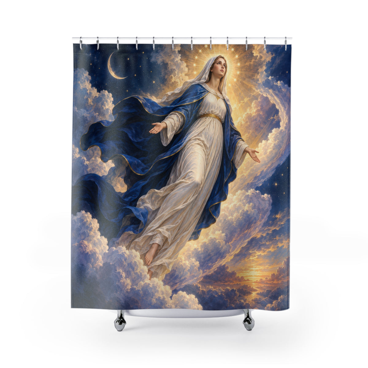Virgin Mary ascending through blue and gold clouds shower curtain with full front view
