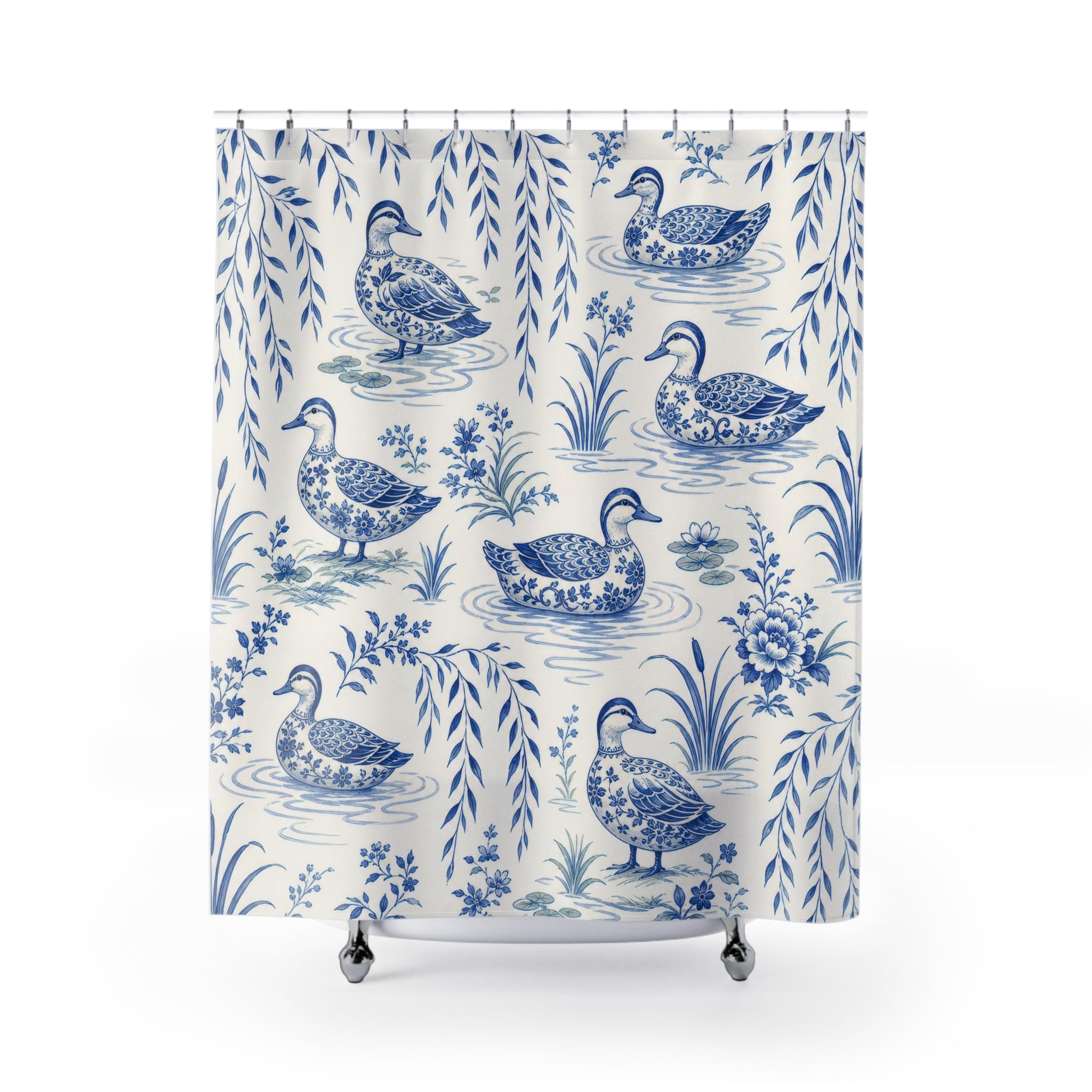 Blue White Toile Duck Shower Curtain