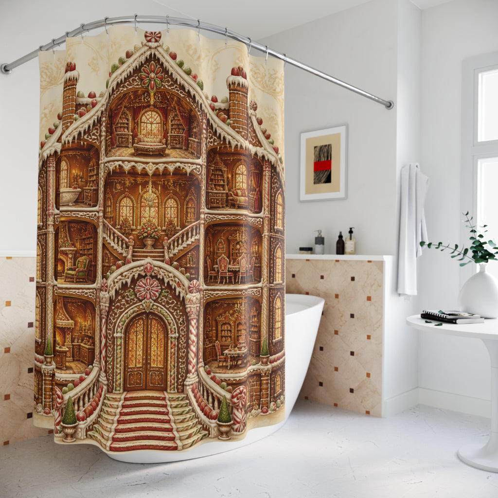 Grand gingerbread manor with glowing cutaway rooms shower curtain beside a freestanding tub