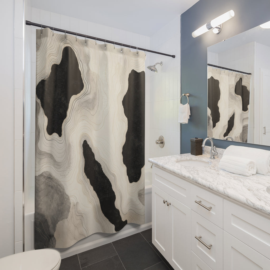 Cream Gray Topographic Black Abstract Shower Curtain