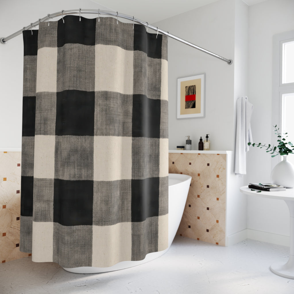 Buffalo Plaid Shower Curtain, Black White Farmhouse Bath Decor, Large Checkered Pattern, Classic Neutral Guest Bathroom Decor Style