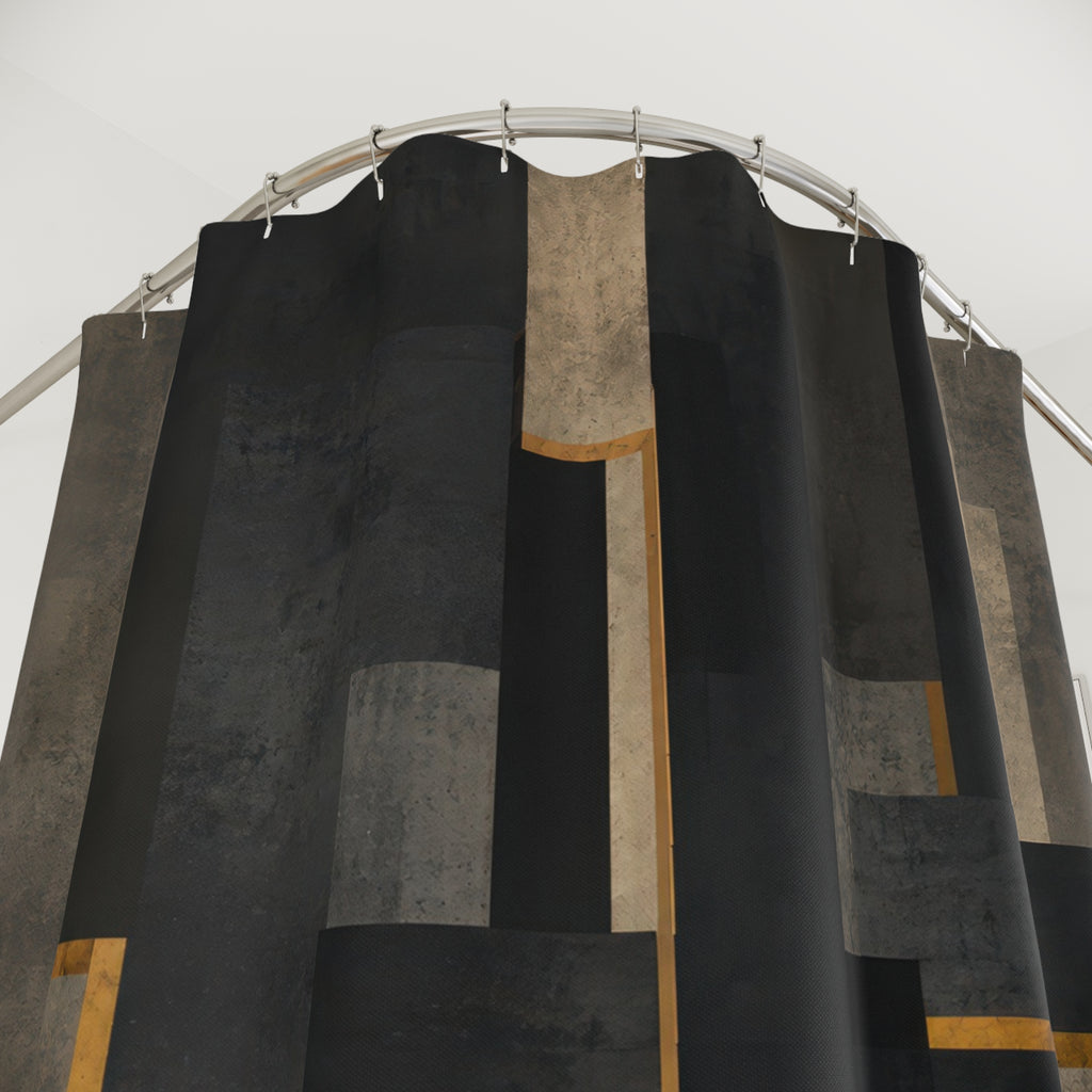 Charcoal brutalist blocks with narrow brass lines shower curtain with close-up print, hooks, and folds