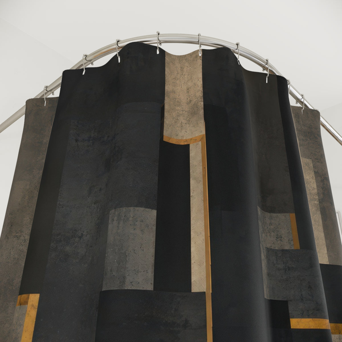 Charcoal brutalist blocks with narrow brass lines shower curtain with close-up print, hooks, and folds