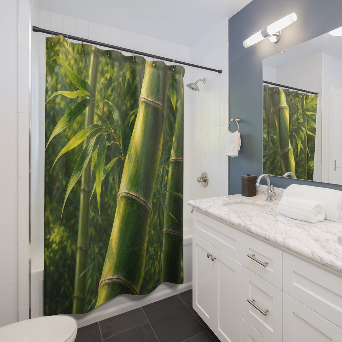 Sunlit jade bamboo stalk with green leaves shower curtain beside a white vanity