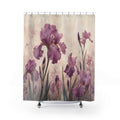 Mauve iris garden with plum blooms and cream ground shower curtain with full front view