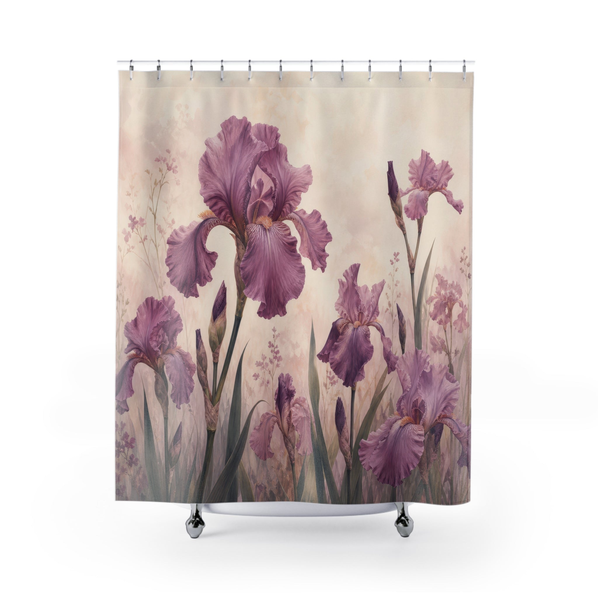Mauve iris garden with plum blooms and cream ground shower curtain with full front view