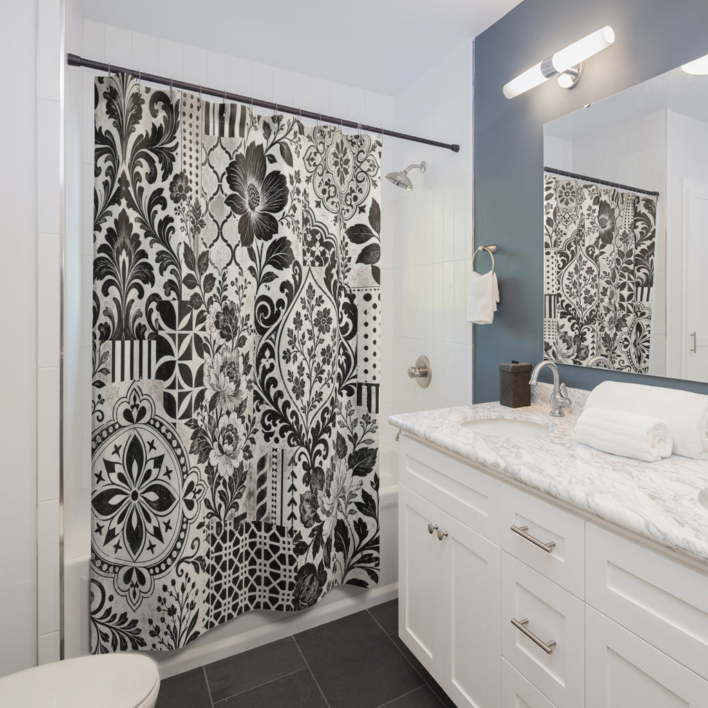 Black White Patchwork Floral Shower Curtain