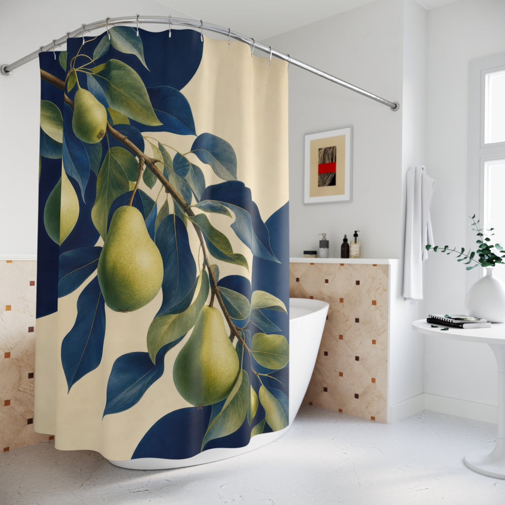 Blue and Green Cascading Pear Branch Shower Curtain