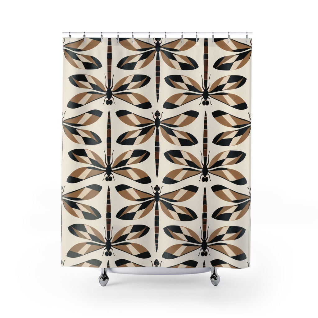 Black and tan geometric dragonflies on ivory shower curtain with full front view