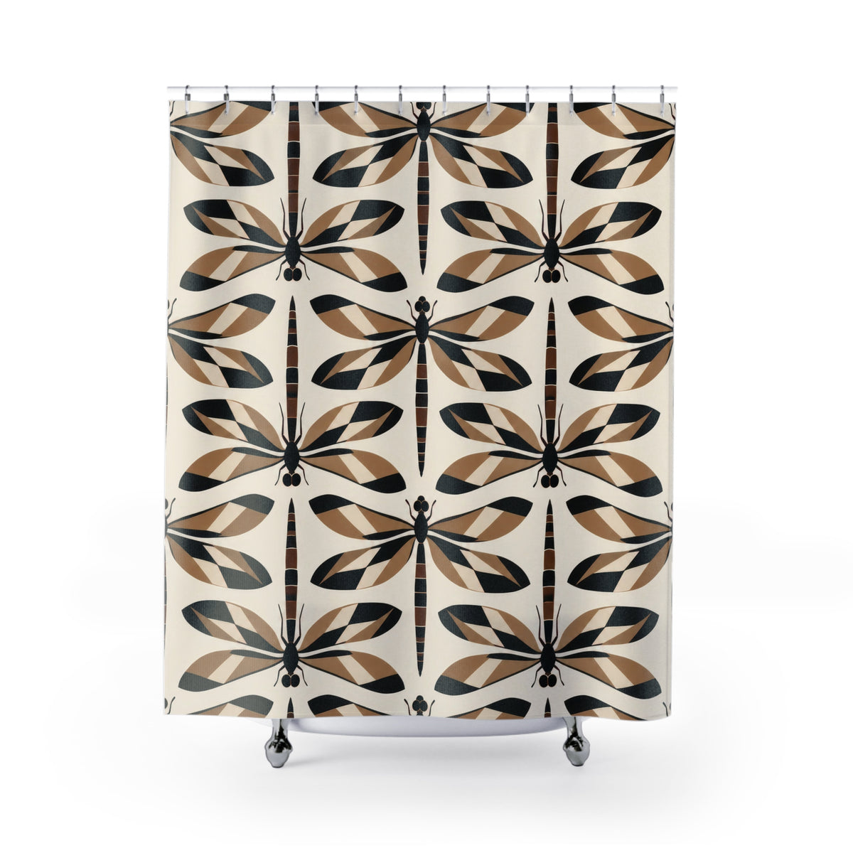 Black and tan geometric dragonflies on ivory shower curtain with full front view