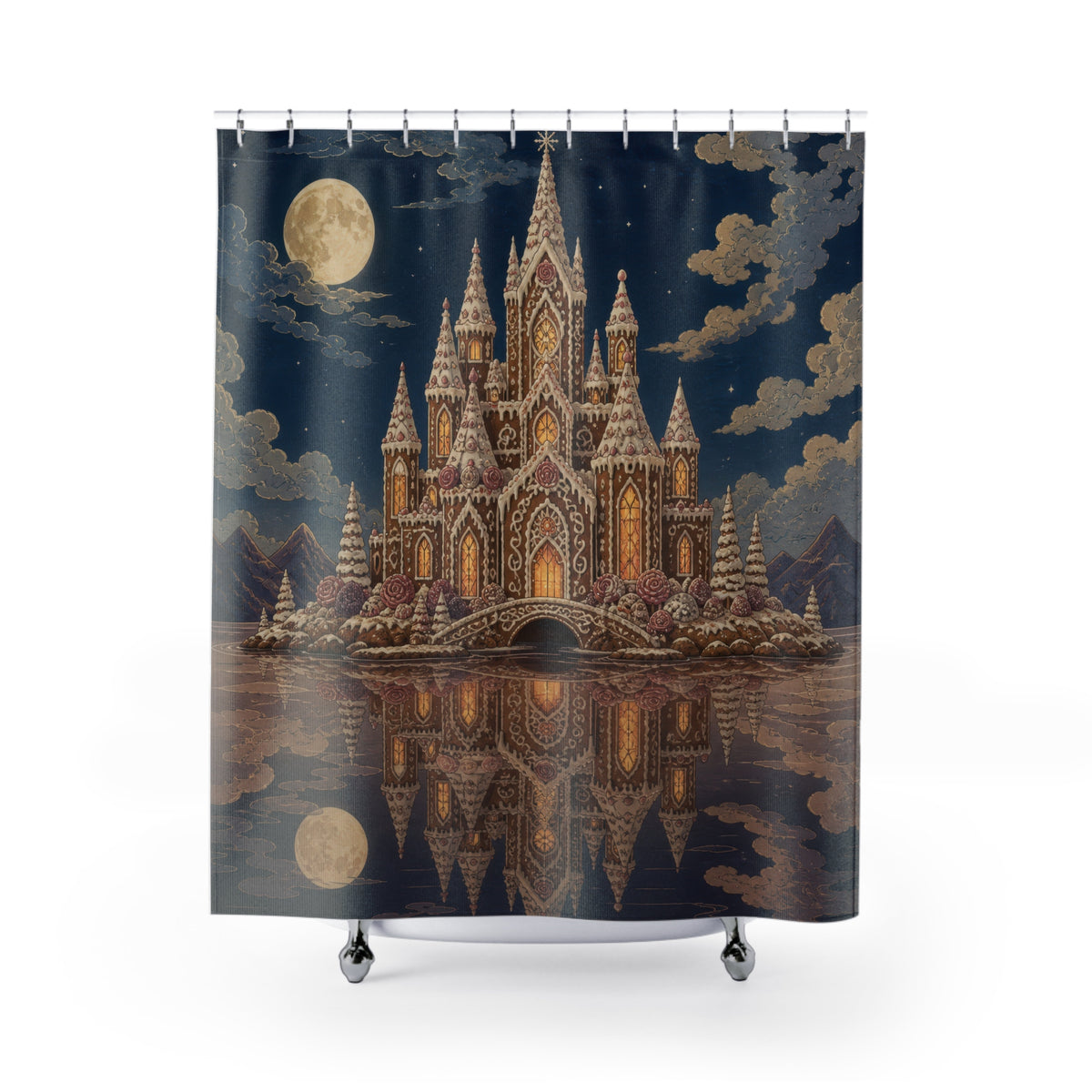Moonlit gingerbread castle reflected in a cocoa lake shower curtain with full front view