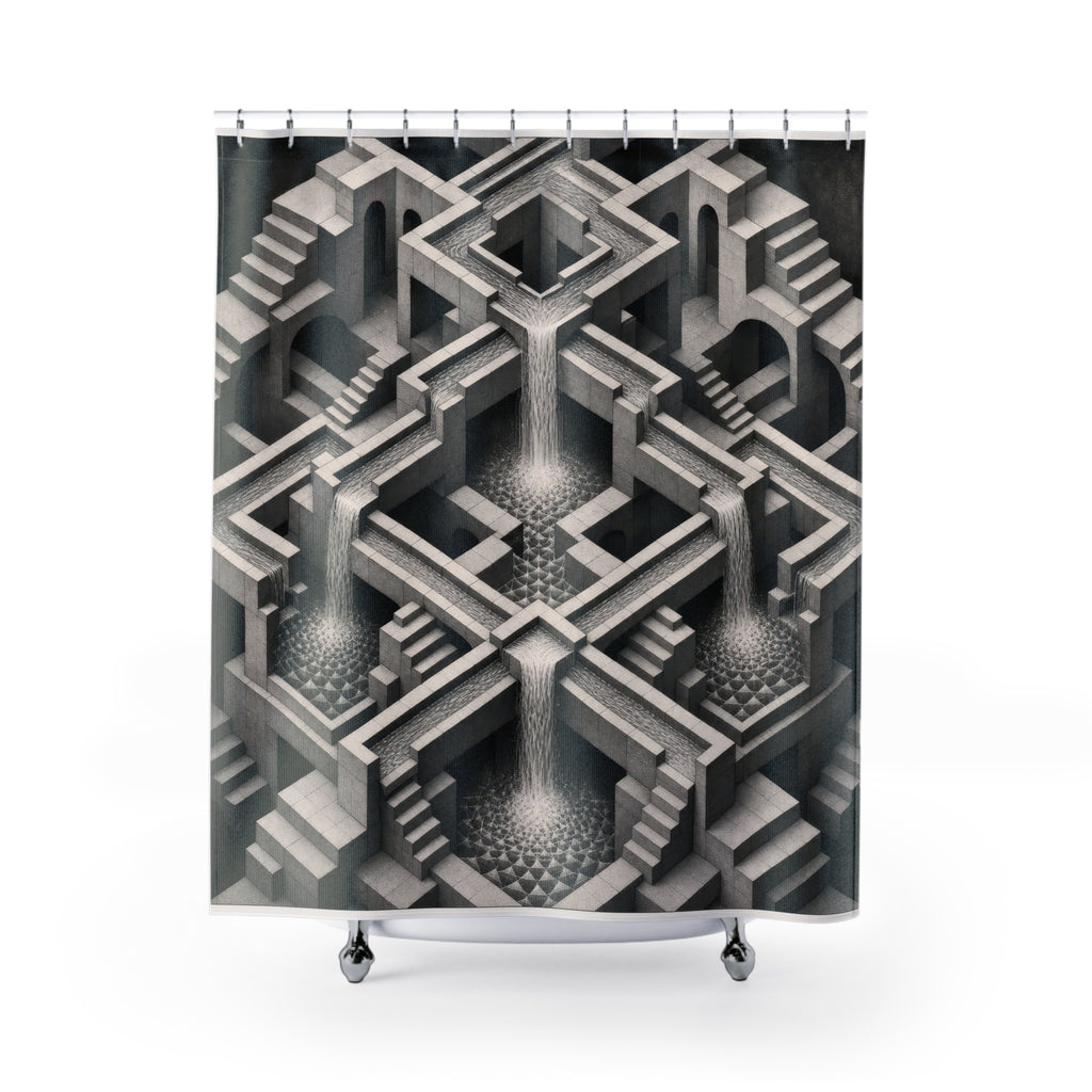 Black White Impossible Waterfall Print Shower Curtain