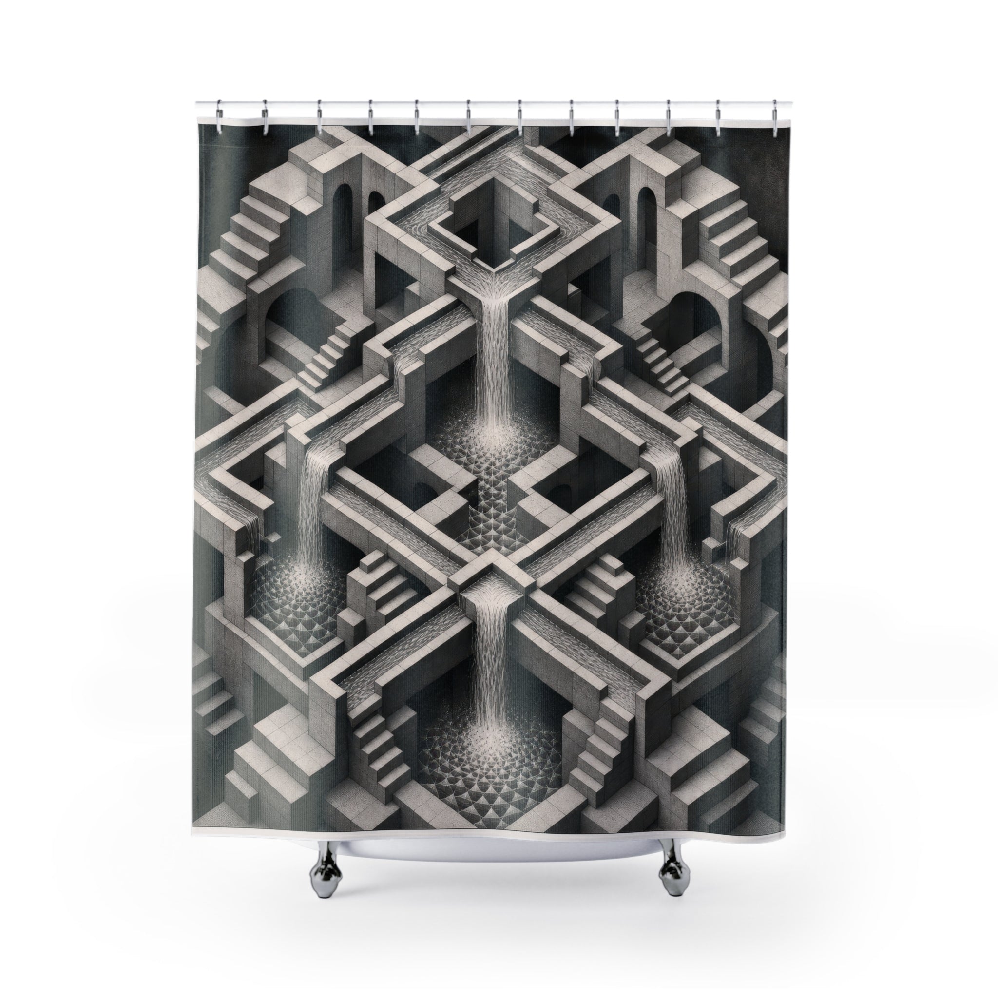Black White Impossible Waterfall Print Shower Curtain