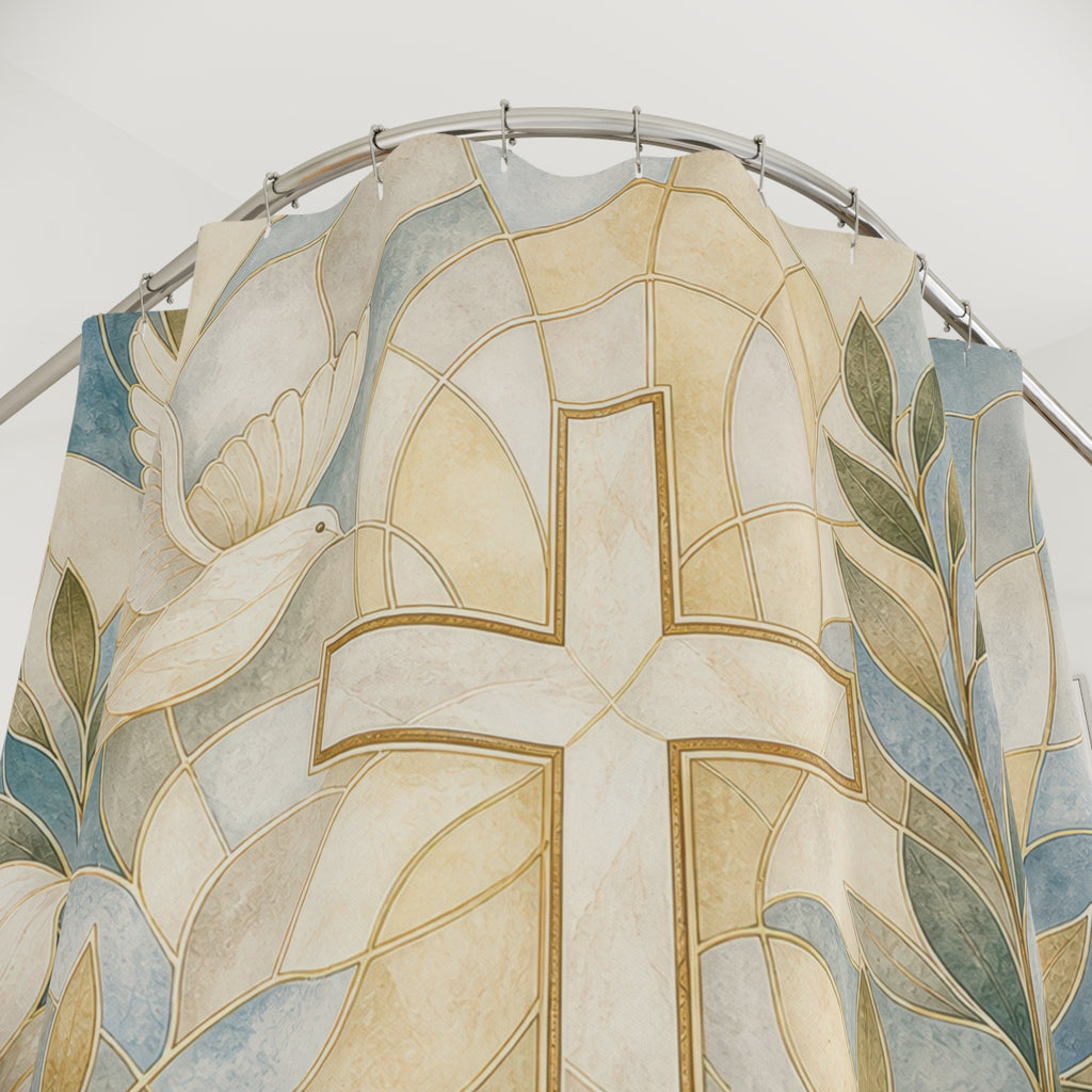 Christian Shower Curtain, Gold Cross White Lily Scene, Religious Bathroom Decor, Peaceful Guest Bath Faith Floral Style Art
