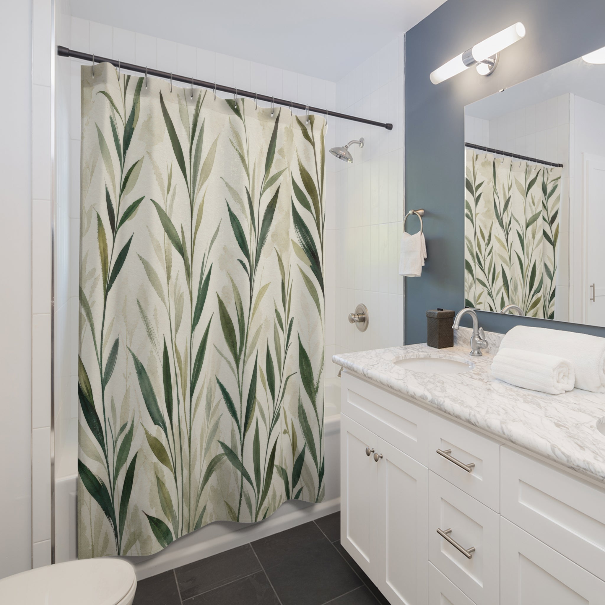 Green Leaf Shower Curtain, Sage Botanical Willow Pattern, Bamboo Style Leaves Bath Decor, Fresh Natural Guest Bathroom Accent, Organic Style