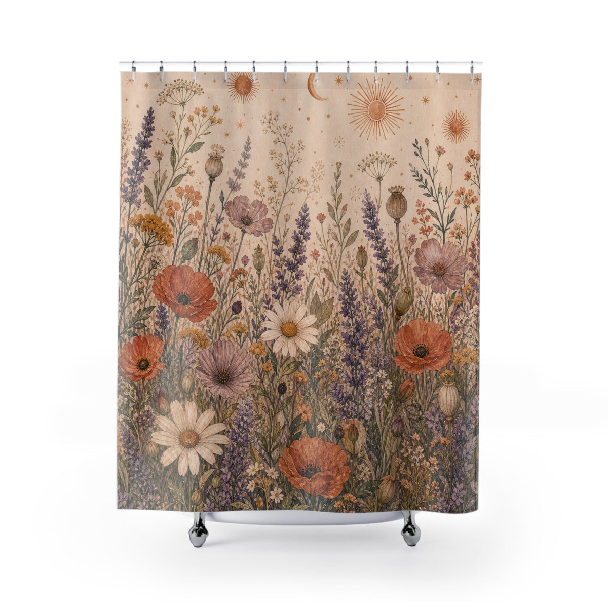 Boho Wildflower Meadow floral vintage shower curtain with full front view