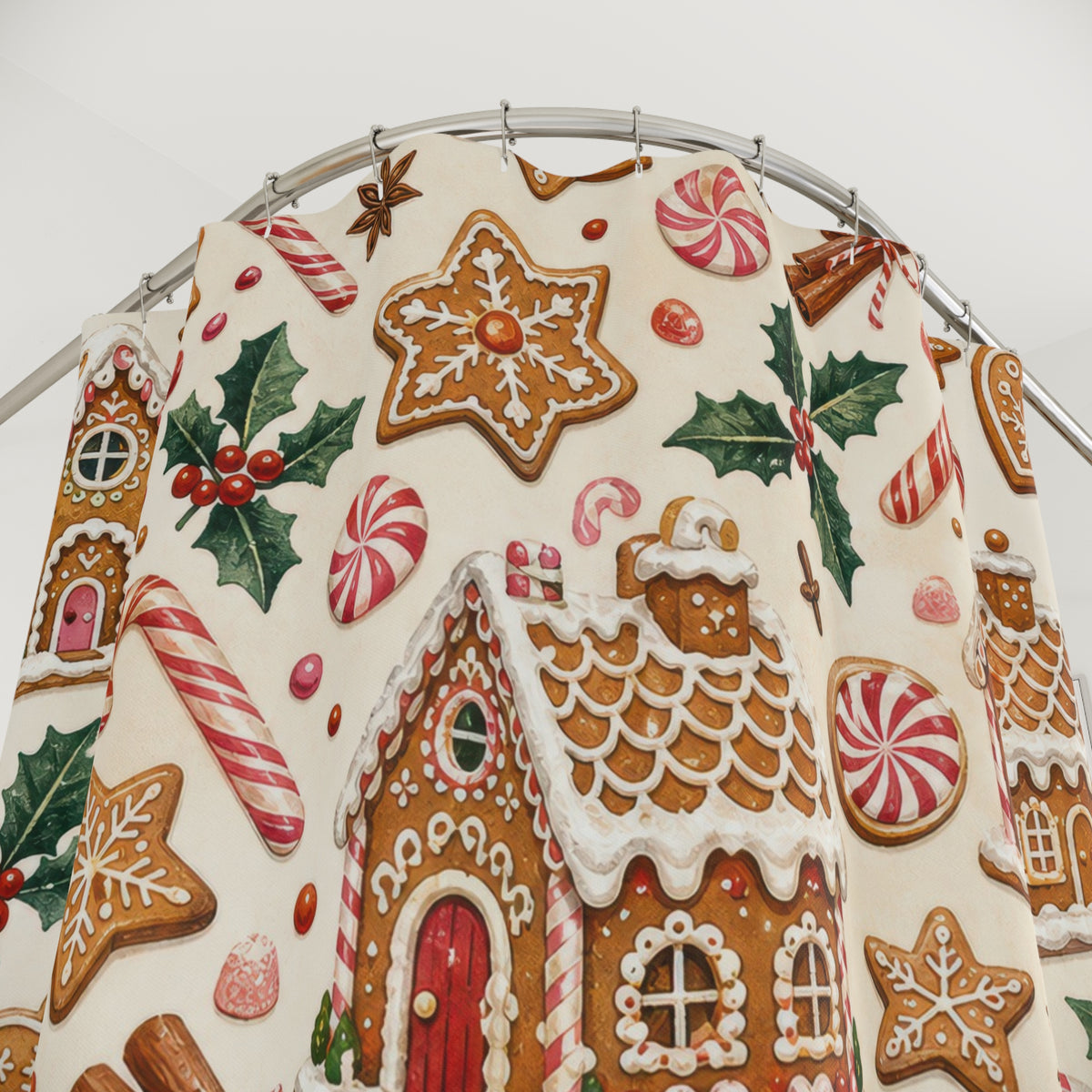 Gingerbread Cottage Candy christmas pattern shower curtain with close-up print, hooks, and folds