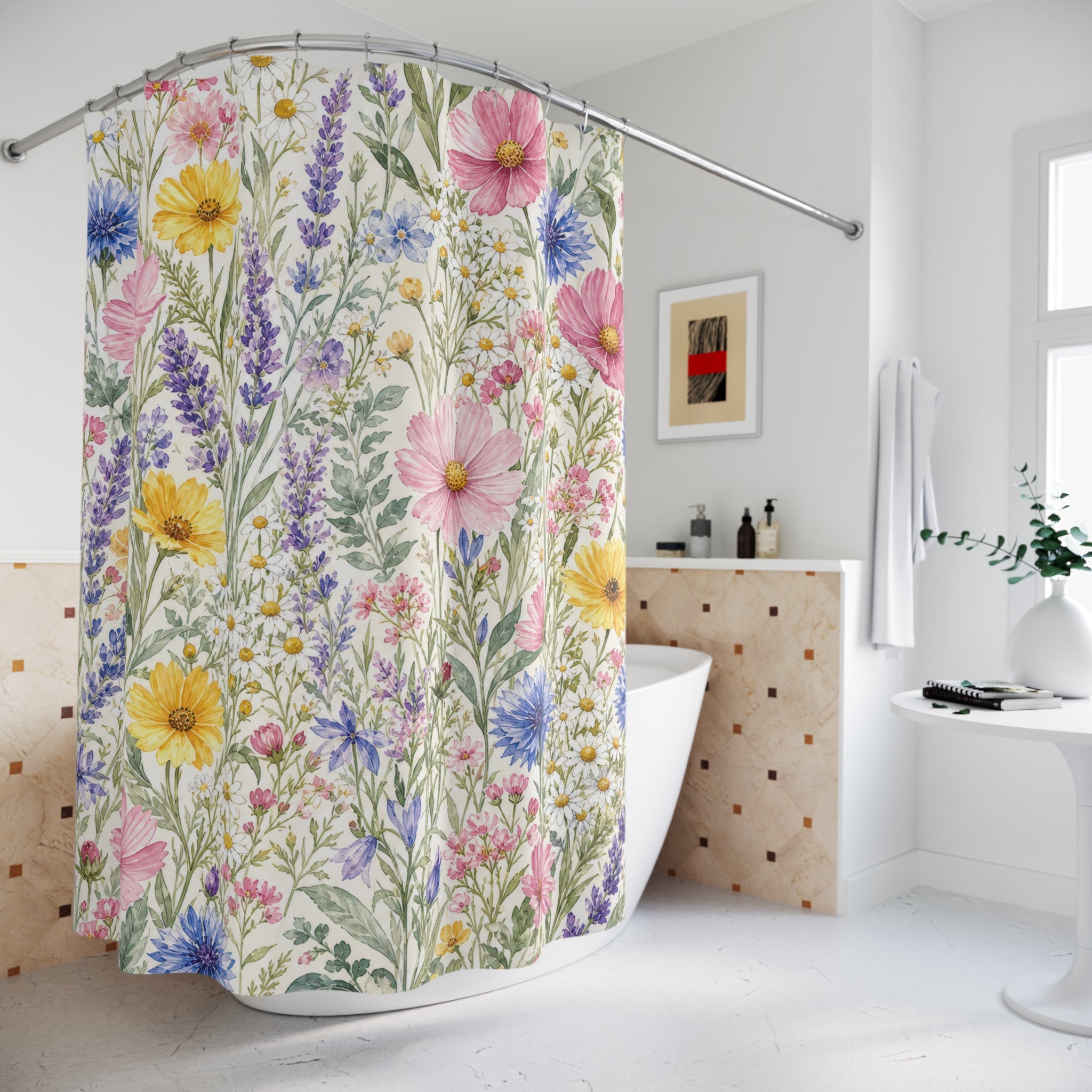 Pink Blue Cosmos Daisy Watercolor Shower Curtain