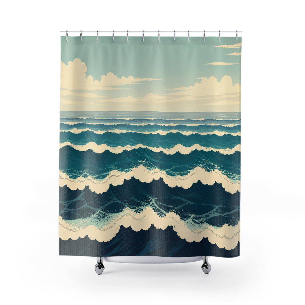 Scalloped teal ocean waves with cream foam shower curtain with full front view