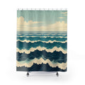 Scalloped teal ocean waves with cream foam shower curtain with full front view