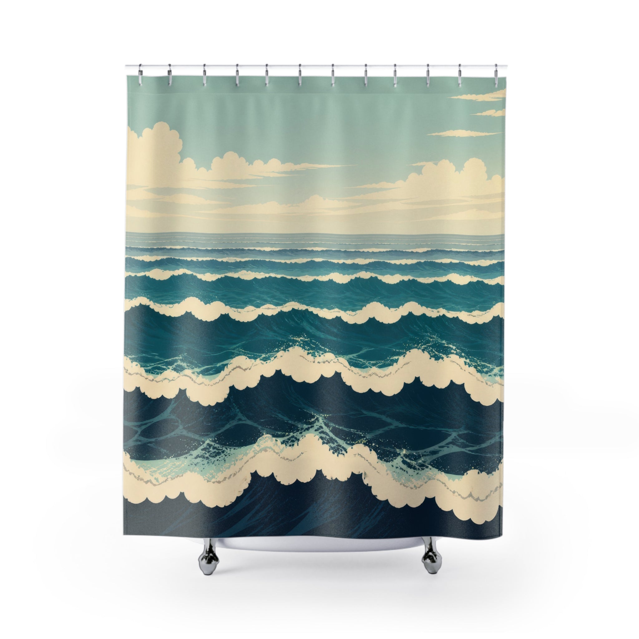 Scalloped teal ocean waves with cream foam shower curtain with full front view