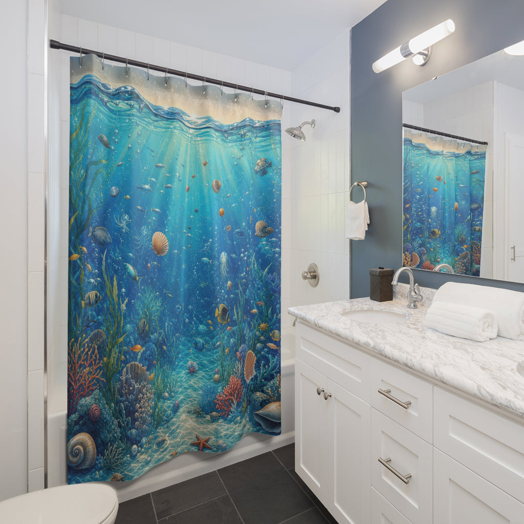 Unique Ocean Shower Curtain, Underwater Coral Reef Art, Turquoise Blue Coastal Bathroom Decor, Beach House Wall Guest Bath Gift For Home
