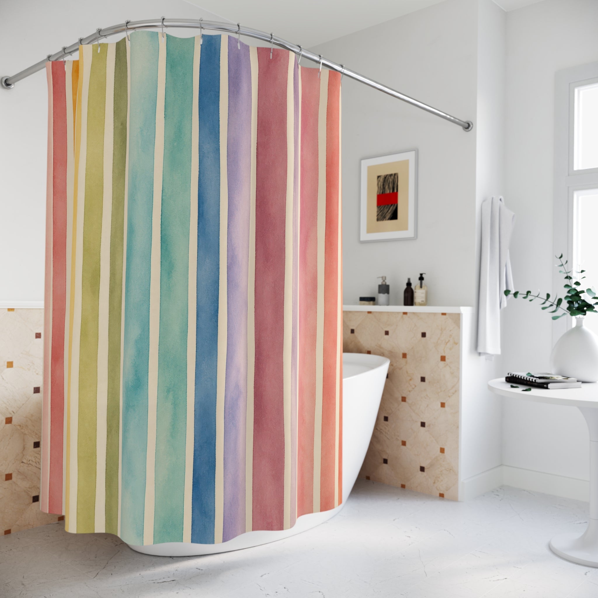 Colorful Watercolor Vertical Stripe Shower Curtain