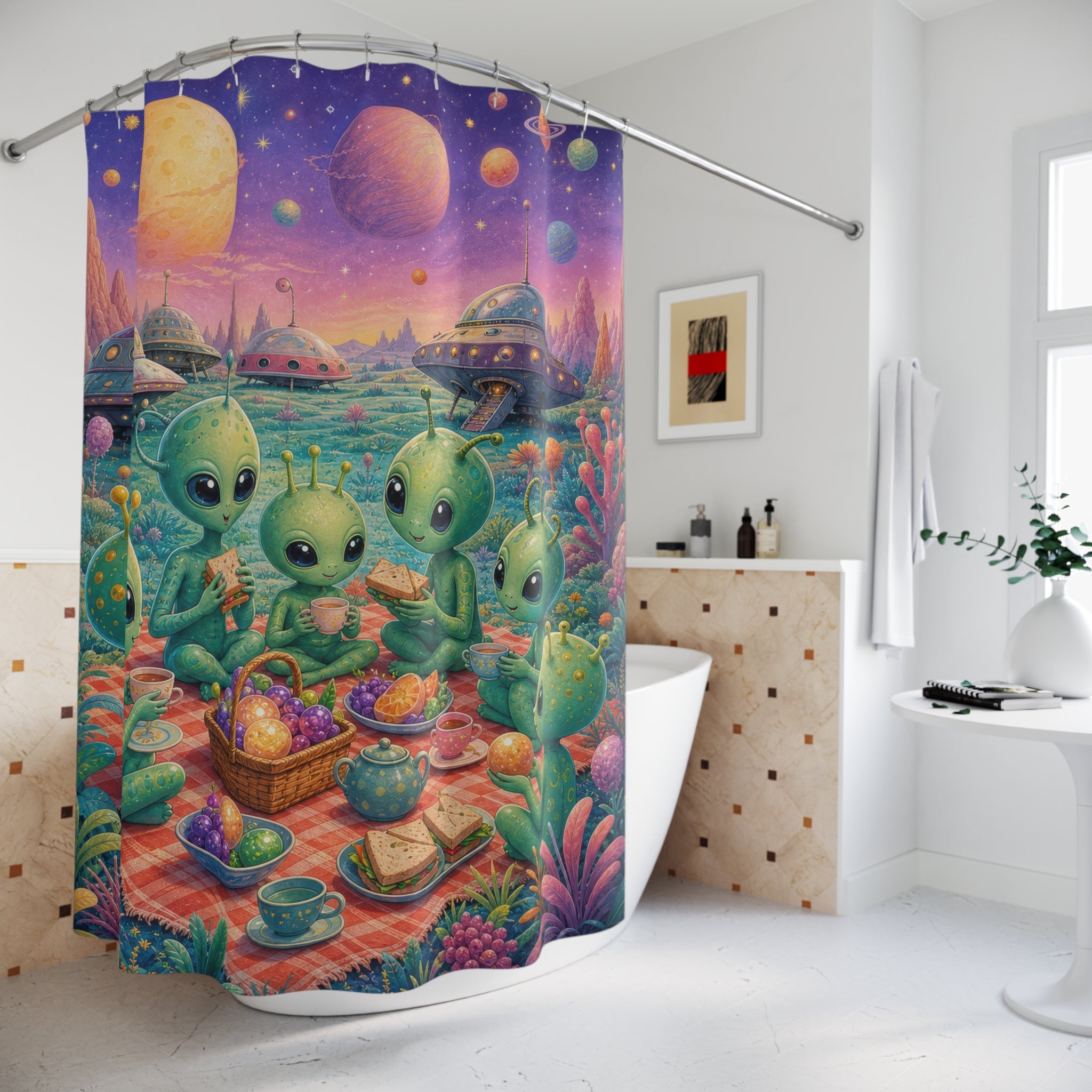 Cute Space Picnic Tea Party Unique Alien Shower Curtain