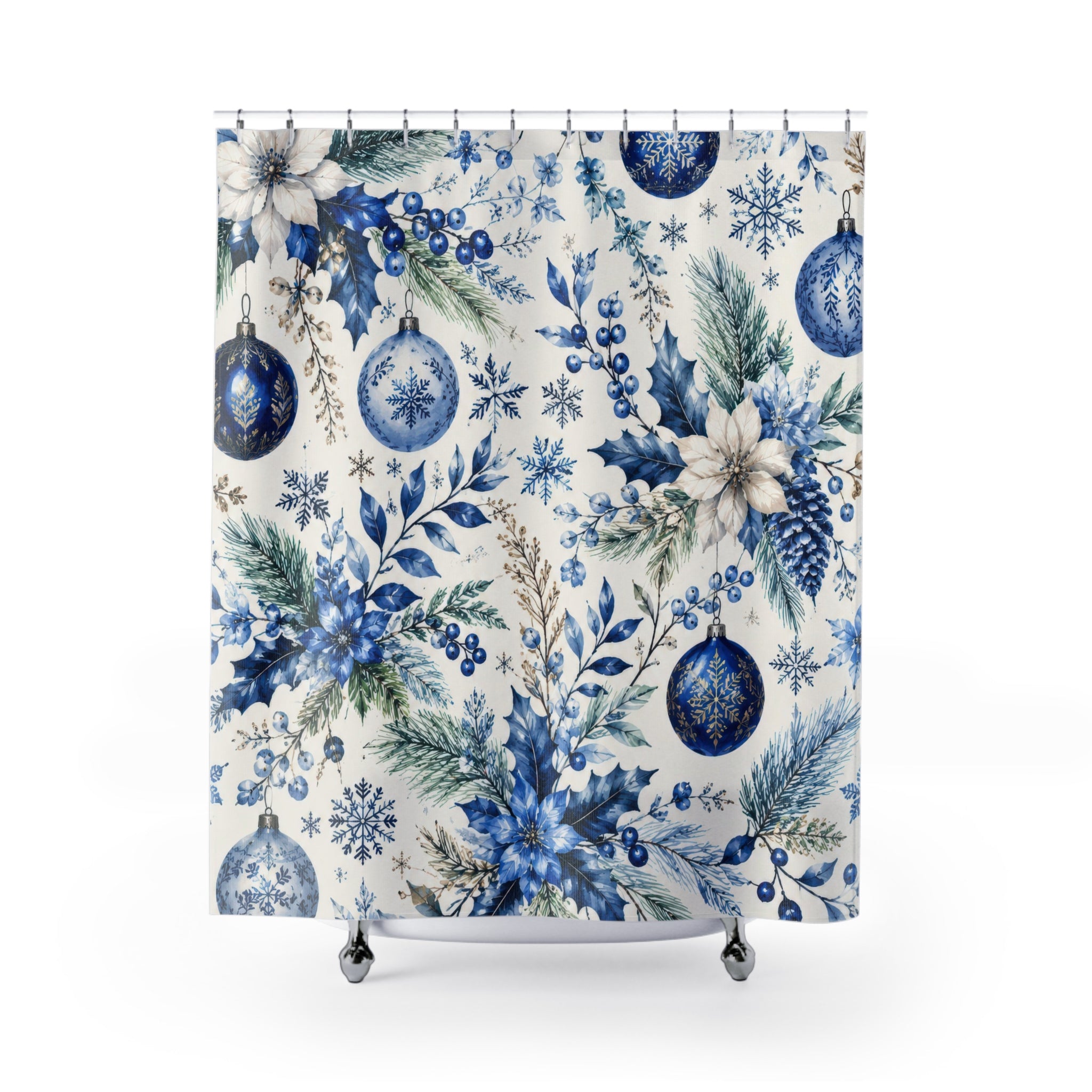 Christmas Blue Shower Curtain: Blue White Floral Holiday