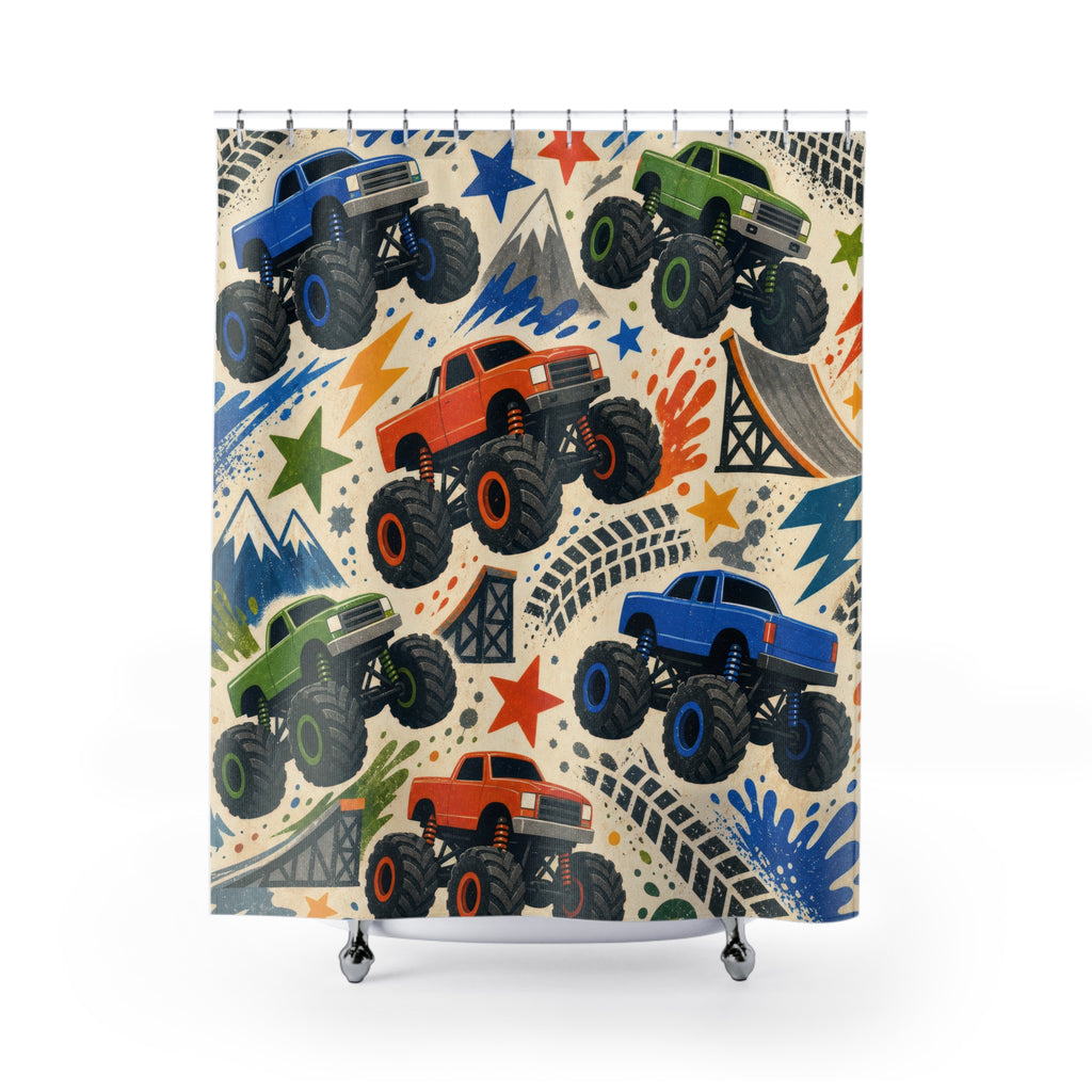 Monster Truck Shower Curtain, Off Road Vehicle Bathroom Decor, Tire Track Bath Curtain, Big Truck Kids Bathroom Art, Boys Bath Decor